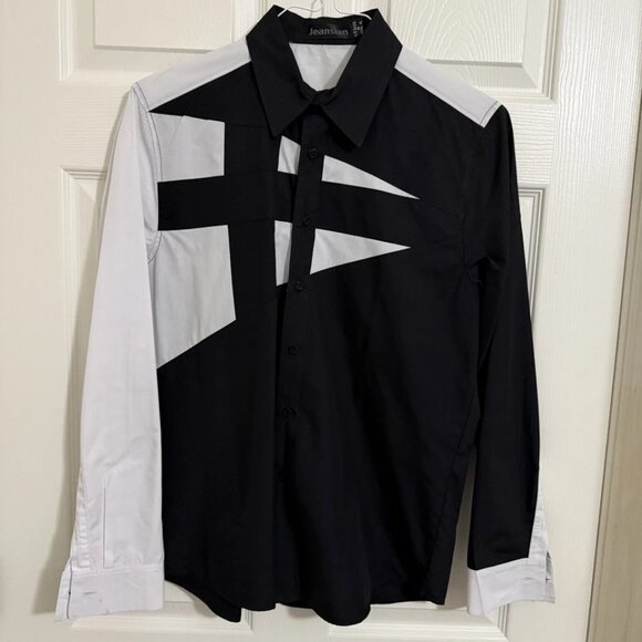 Jeansian Men's M Button Down Long Sleeve Flip Cuff Black/White Slim Fit Shirt - Picture 1 of 9